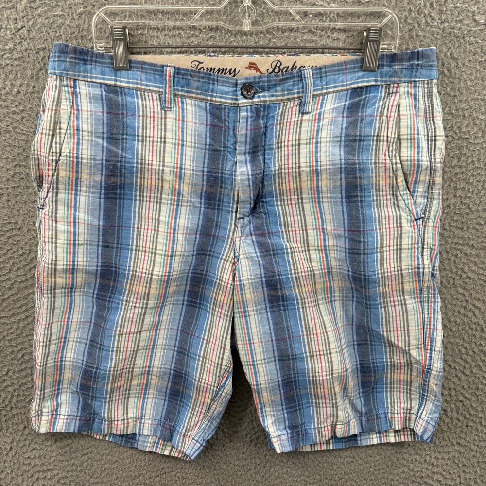 Tommy Bahama Shorts‎ Mens 34 Blue Plaid Linen Tencel Flat Front Island Casual